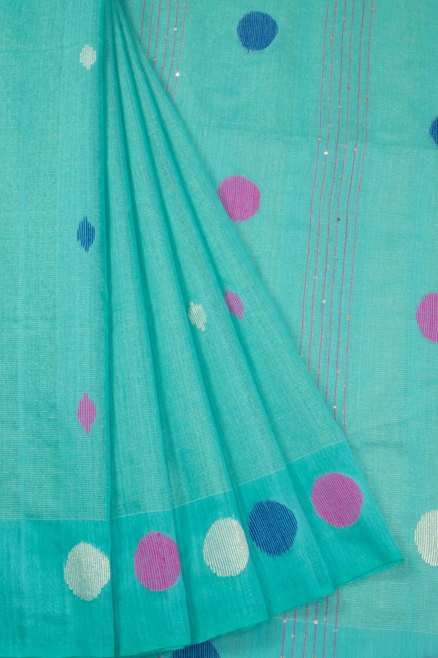 Tiffany Blue Bengal Phulia Silk Cotton Saree With Sequin Pallu 10070195