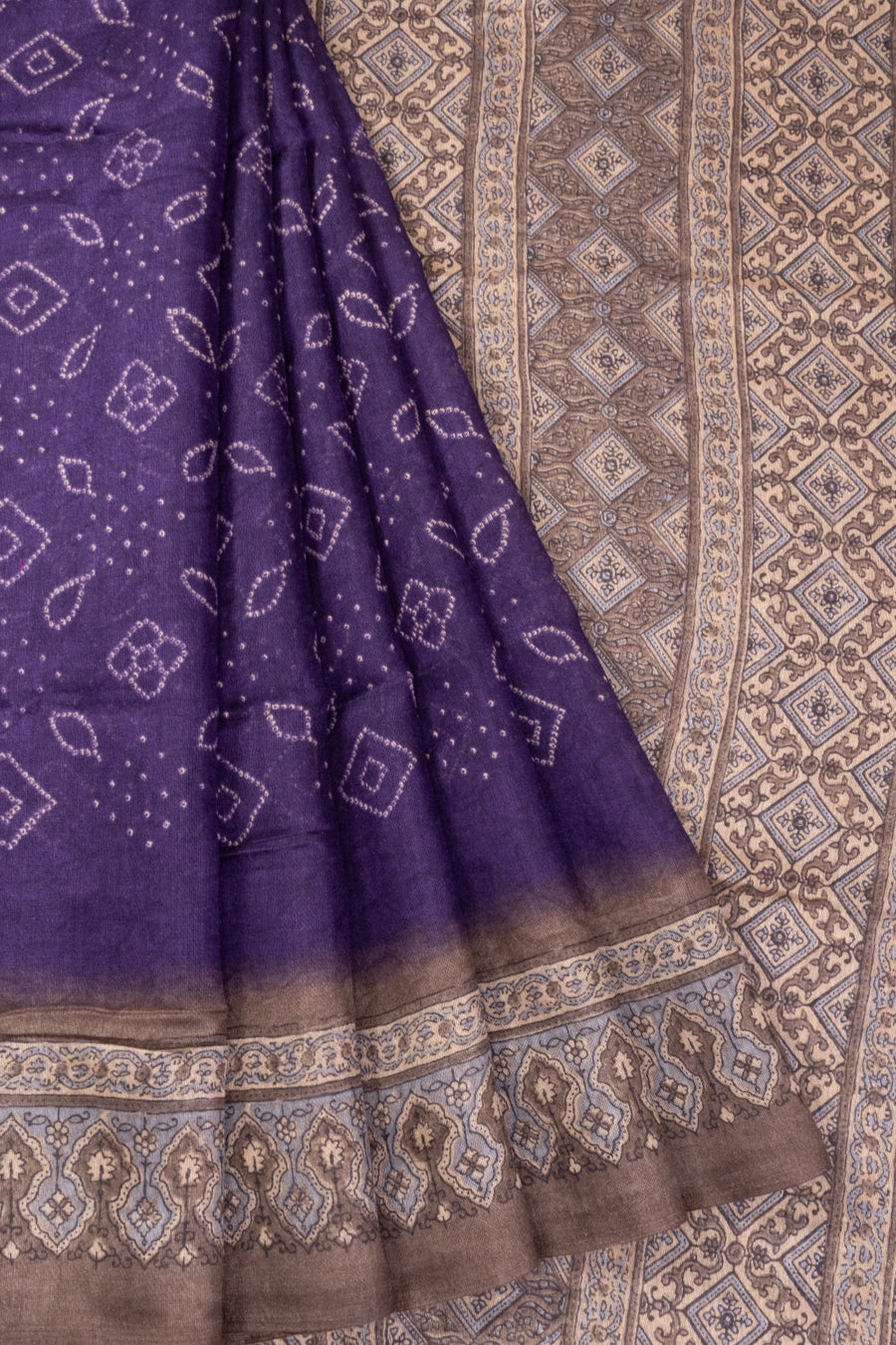 Russian Violet Digital Fancy Linen Saree with Ajrakh Printed Pallu- Avishya