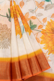 Cream Digital Printed Linen Saree - 10070310