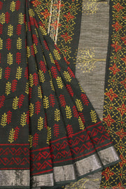 Dark Green Hand Block Printed linen saree