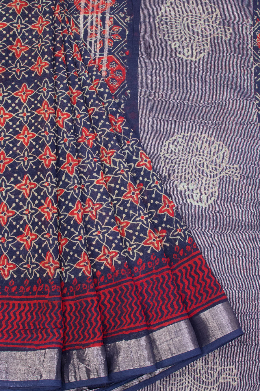 Blue Hand Block Printed linen saree
