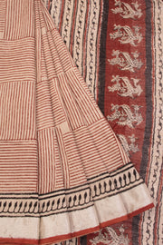  Beige Hand Block Printed linen saree