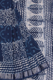 Blue Hand Block Printed linen saree