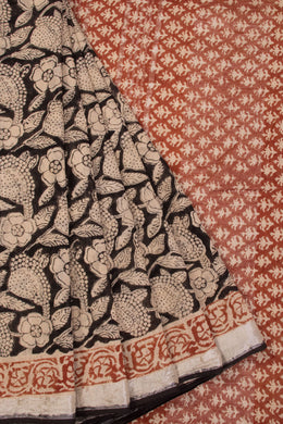 Black Hand Block Printed linen saree