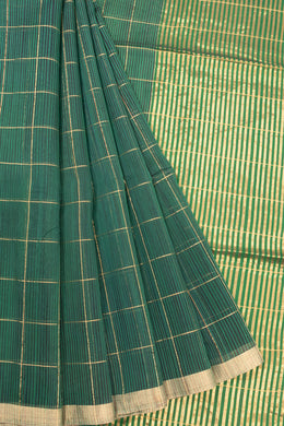 Green Handwoven Chanderi Saree With Zari Checks 10071125