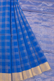 Azure Blue Handwoven Chanderi Silk Cotton Saree With Zari Checks