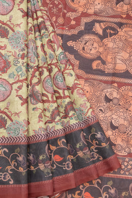 Light Olive Green Kalamkari Print Malai Cotton Saree 