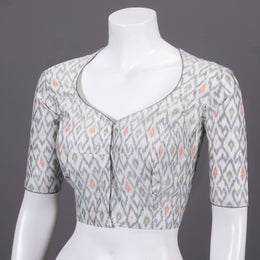 White Ikat Silk Cotton Blouse 10071359