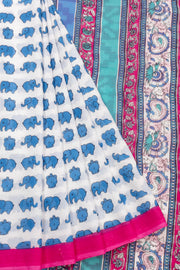 Blue Hand Block Printed Cotton Saree