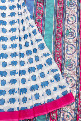 Blue Hand Block Printed Cotton Saree