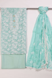 Teal Green Embroidered Silk 3-Piece Salwar Suit Material 10071611