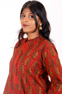 Spanish Red Ajrakh Printed Cotton Kurti 10072036