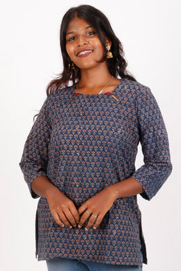 Warriors Blue Ajrakh Printed Cotton Kurti 10072044