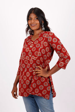Lava Red Ajrakh Printed Cotton Kurti 10072058