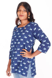 Indigo Crane Motif Hand Block Printed Cotton Kurti 10072060
