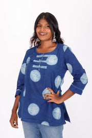 Indigo Circle Motif Hand Block Printed Cotton Kurti 10072061