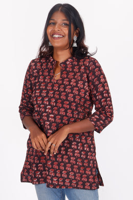 Dark Sienna Black Jahota Hand Block Cotton Kurti 10072354