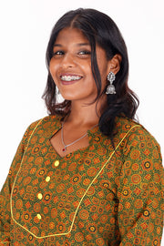 Bronze Yellow Ajrakh Printed Cotton Kurti 10072369