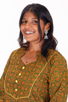 Bronze Yellow Ajrakh Printed Cotton Kurti 10072369