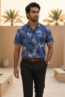 Blue Half Sleeve Ajrakh Printed Cotton Mens Shirt 10072913