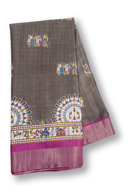 Grey Warli Tribal Printed Tussar Silk Saree 10074014