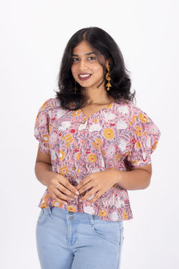 Pink Hand Block Printed Cotton Crop Top 10074289