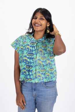 Green Hand Block Printed Cotton Crop Top 10074290