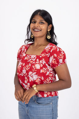Red Hand Block Printed Cotton Crop Top 10074302