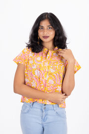 Yellow Hand Block Printed Cotton Crop Top 10074303
