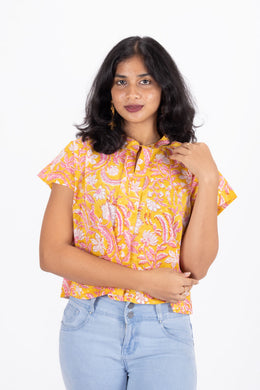 Yellow Hand Block Printed Cotton Crop Top 10074303