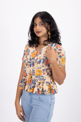 Beige Hand Block Printed Cotton Crop Top 10074306