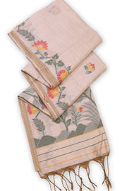 Beige Handloom Jamdani Linen Saree 10074659