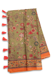 Green Kalamkari Printed Malai Cotton Saree 10074682