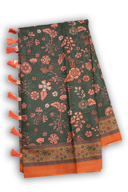 Green Kalamkari Printed Malai Cotton Saree 10074686