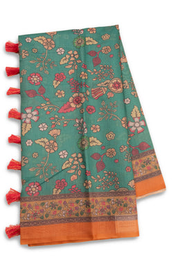 Green Kalamkari Printed Malai Cotton Saree 10074692