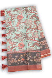 Blue Kalamkari Printed Malai Cotton Saree 10074694