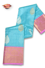 Ice Blue Korvai Kanjivaram Pure Zari Handloom Tissue Silk Saree with Floral Motifs and Contrast Pink Border 10074755