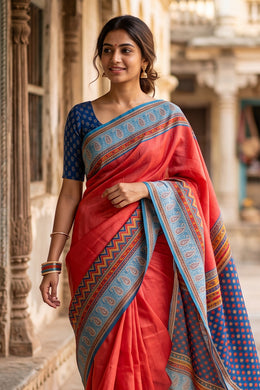 Red Printed Semi Tussar Silk Saree 10074900