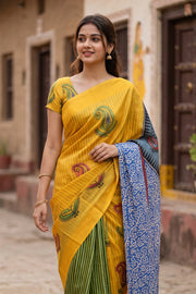 Yellow Printed Semi Tussar Silk Saree 10074901