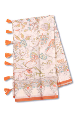 Cream Kalamkari Kantha Printed Malai Cotton Saree 10074903