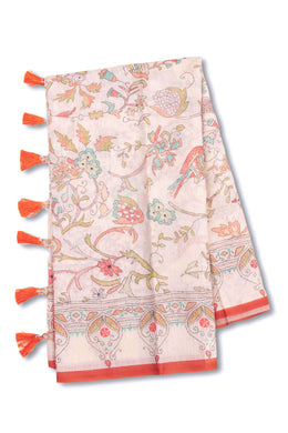 Cream Kalamkari Kantha Embroidery Printed Malai Cotton Saree 10074904