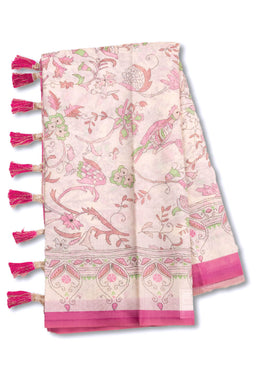 Cream Kalamkari Kantha Printed Malai Cotton Saree 10074906