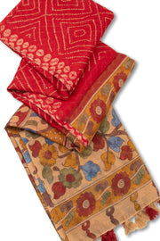 Red Kalamkari Printed Linen Saree 10074908