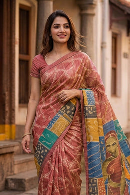Brown Printed Semi Tussar Silk Saree With Tribal Motifs 10076268
