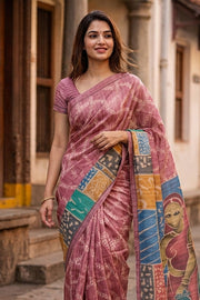 Pink Printed Semi Tussar Silk Saree With Tribal Motifs 10076269