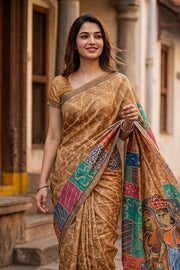 Brown Printed Semi Tussar Silk Saree With Tribal Motifs 10076270