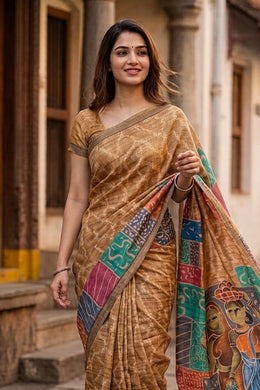 Brown Printed Semi Tussar Silk Saree With Tribal Motifs 10076270