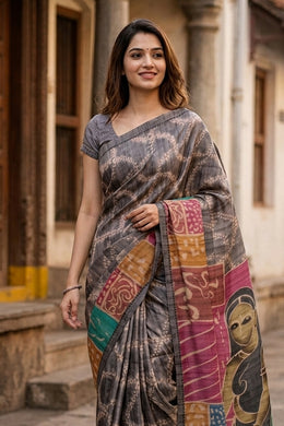 Grey Printed Semi Tussar Silk Saree With Tribal Motifs 10076271