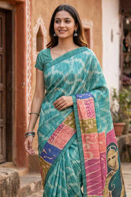 Green Printed Semi Tussar Silk Saree With Tribal Motifs 10076272