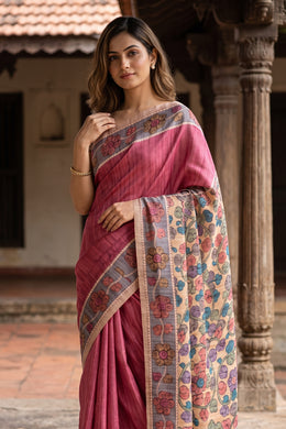 Red Kalamkari Printed Semi Tussar Silk Saree With Floral Motifs And Floral Border 10076276